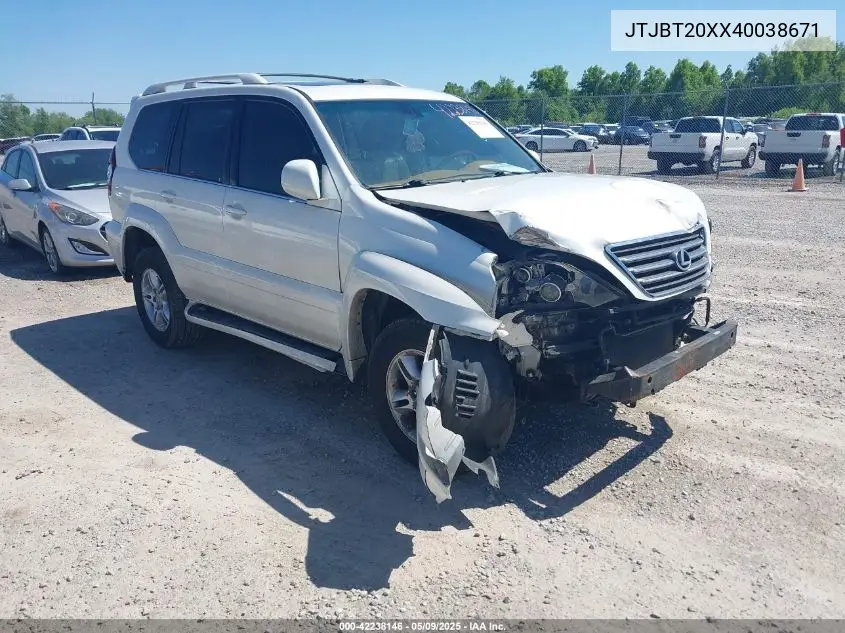 2004 Lexus Gx 470 VIN: JTJBT20XX40038671 Lot: 42238146
