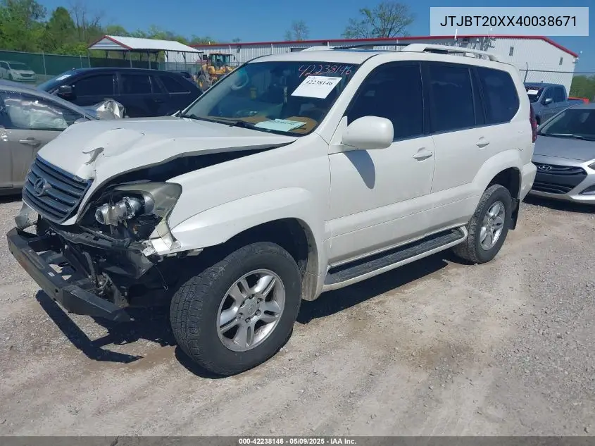 2004 Lexus Gx 470 VIN: JTJBT20XX40038671 Lot: 42238146