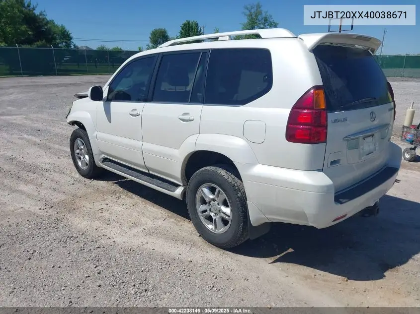 2004 Lexus Gx 470 VIN: JTJBT20XX40038671 Lot: 42238146