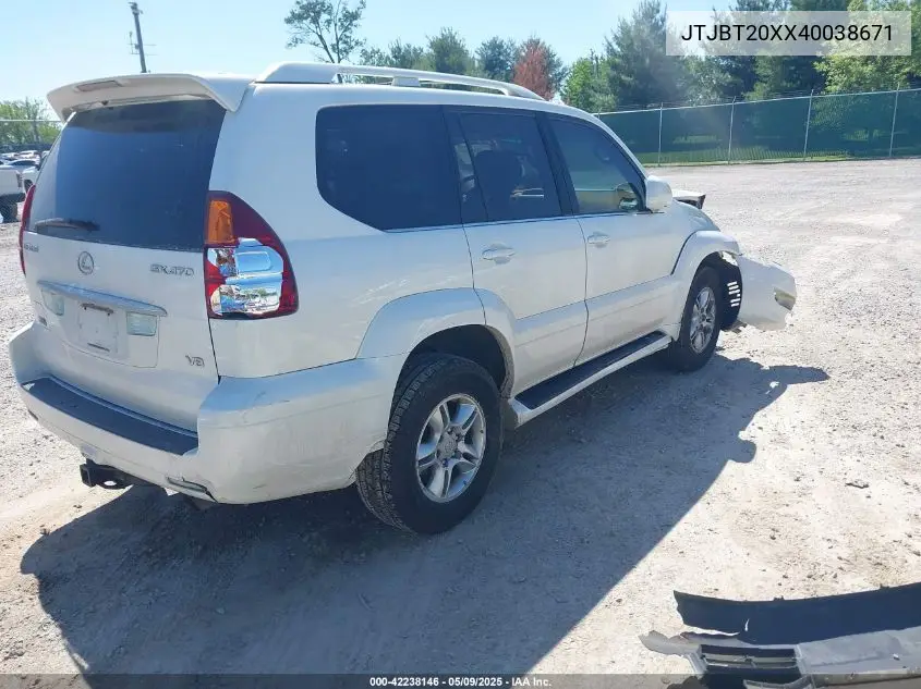 2004 Lexus Gx 470 VIN: JTJBT20XX40038671 Lot: 42238146