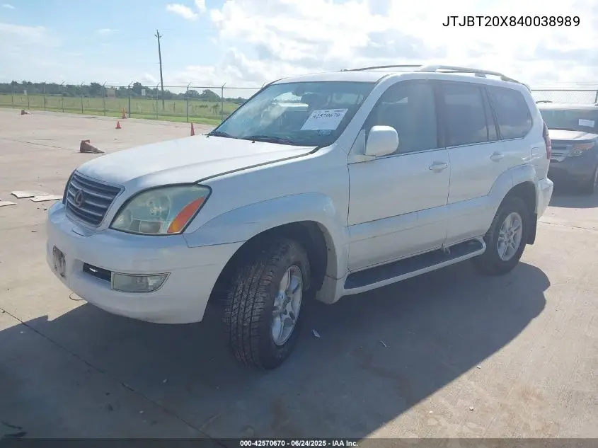 2004 Lexus Gx 470 VIN: JTJBT20X840038989 Lot: 42570670