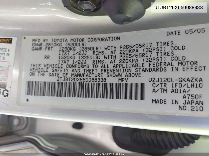 JTJBT20X650088338 2005 Lexus Gx 470