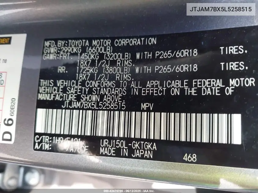 2020 Lexus Gx 460 Premium VIN: JTJAM7BX5L5258515 Lot: 42475786