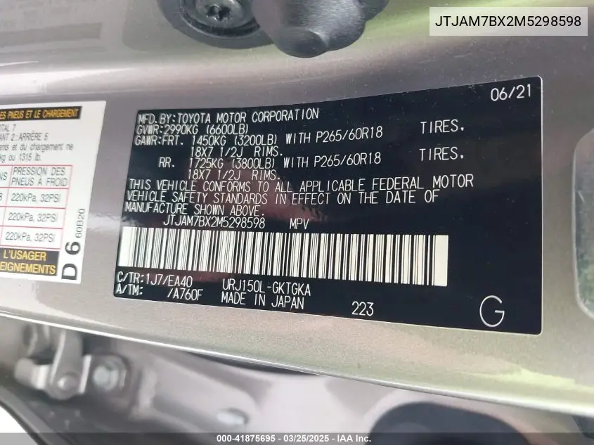 2021 Lexus Gx 460 Premium VIN: JTJAM7BX2M5298598 Lot: 41875695