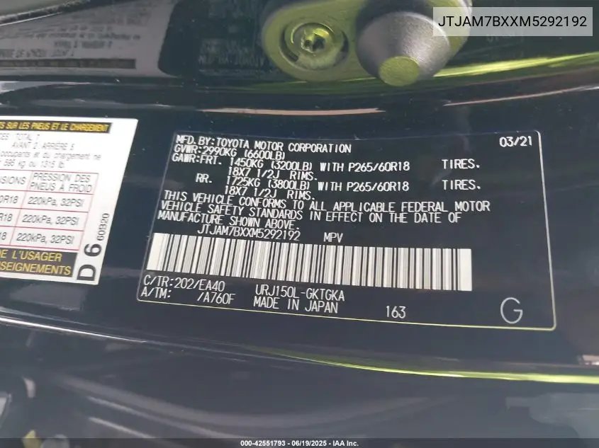 2021 Lexus Gx 460 Premium VIN: JTJAM7BXXM5292192 Lot: 42551793