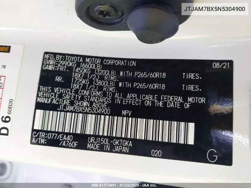 2022 Lexus Gx 460 Premium VIN: JTJAM7BX5N5304900 Lot: 41373401
