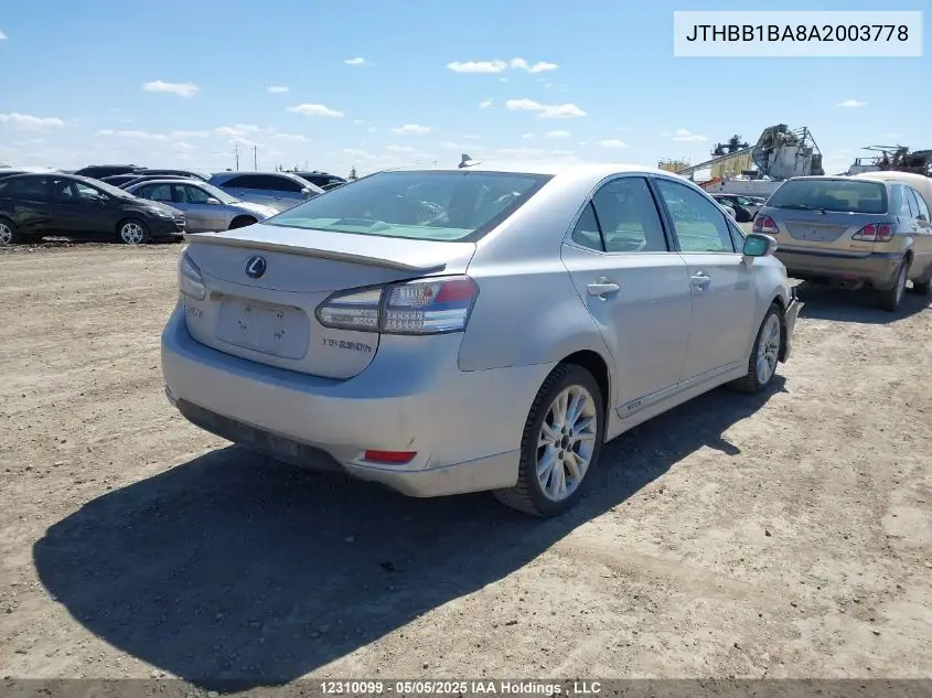 2010 Lexus Hs 250H VIN: JTHBB1BA8A2003778 Lot: 12310099