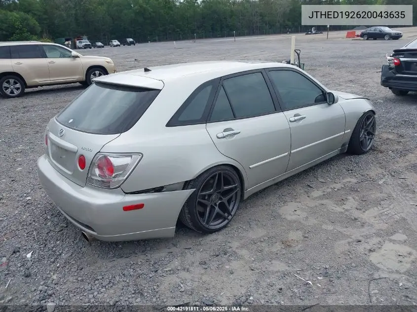2002 Lexus Is 300 Sport Cross VIN: JTHED192620043635 Lot: 42191811