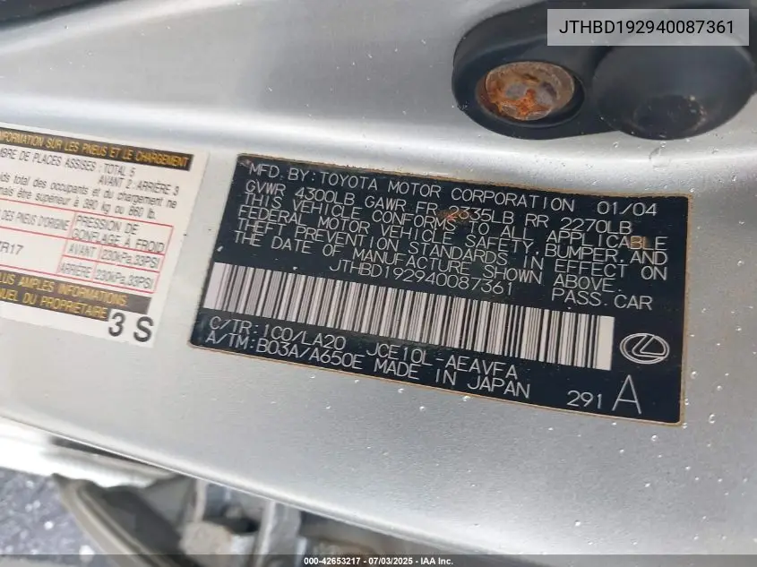 2004 Lexus Is 300 VIN: JTHBD192940087361 Lot: 42653217