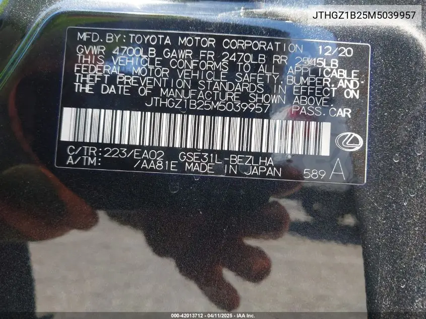 2021 Lexus Is 350 F Sport VIN: JTHGZ1B25M5039957 Lot: 42013712