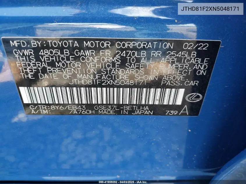 2022 Lexus Is Is 300 VIN: JTHD81F2XN5048171 Lot: 41959392