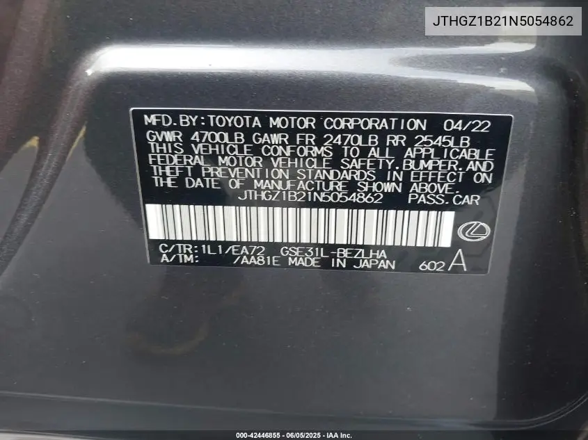 2022 Lexus Is 350 F Sport VIN: JTHGZ1B21N5054862 Lot: 42446855