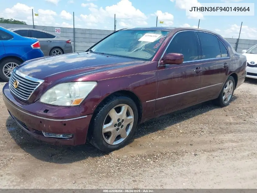 2004 Lexus Ls 430 VIN: JTHBN36F940149664 Lot: 42556354