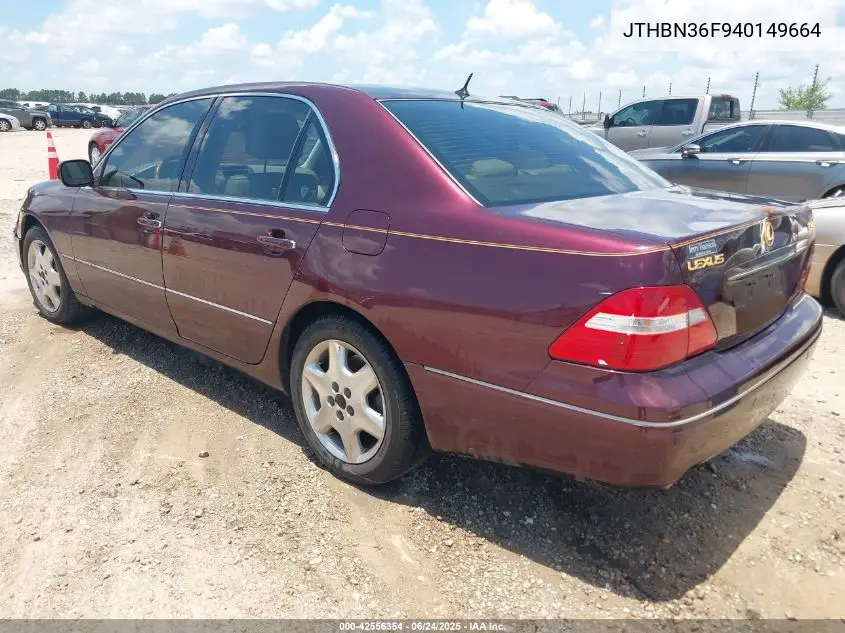2004 Lexus Ls 430 VIN: JTHBN36F940149664 Lot: 42556354