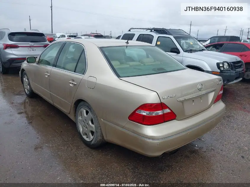 2004 Lexus Ls 430 VIN: JTHBN36F940160938 Lot: 42590734