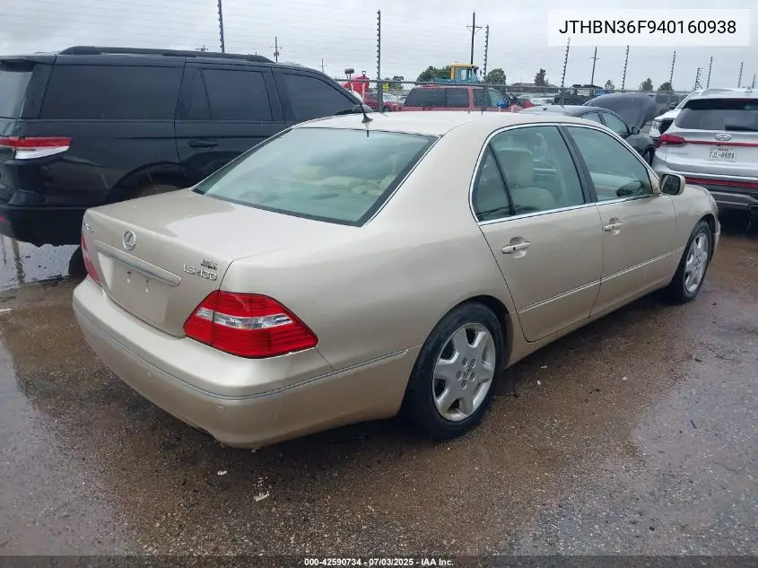 2004 Lexus Ls 430 VIN: JTHBN36F940160938 Lot: 42590734