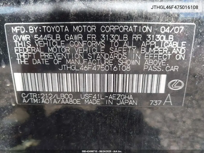 2007 Lexus Ls 460 L VIN: JTHGL46F475016108 Lot: 42496710
