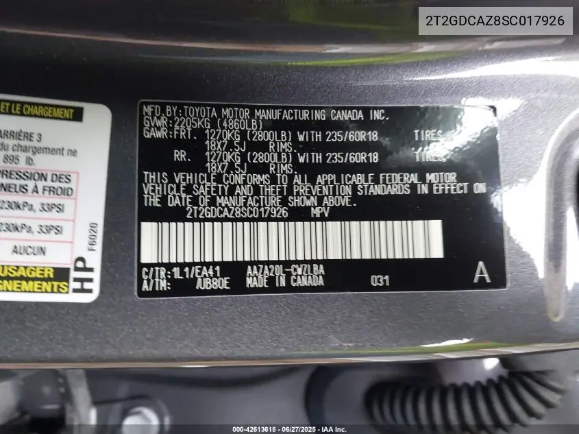 2025 Lexus Nx 250 Premium VIN: 2T2GDCAZ8SC017926 Lot: 42613618