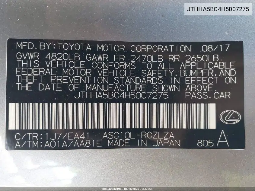 2017 Lexus Rc 200T VIN: JTHHA5BC4H5007275 Lot: 42032498