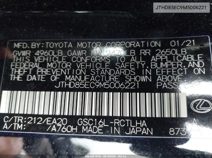 2021 Lexus Rc 300 VIN: JTHD85EC9M5006221 Lot: 42516783