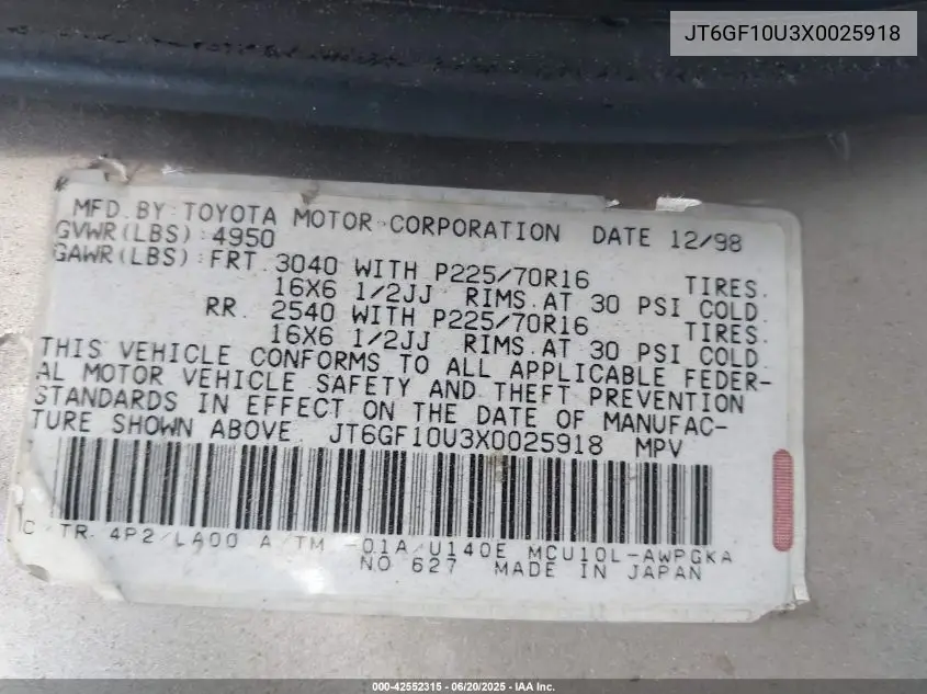 1999 Lexus Rx 300 VIN: JT6GF10U3X0025918 Lot: 42552315