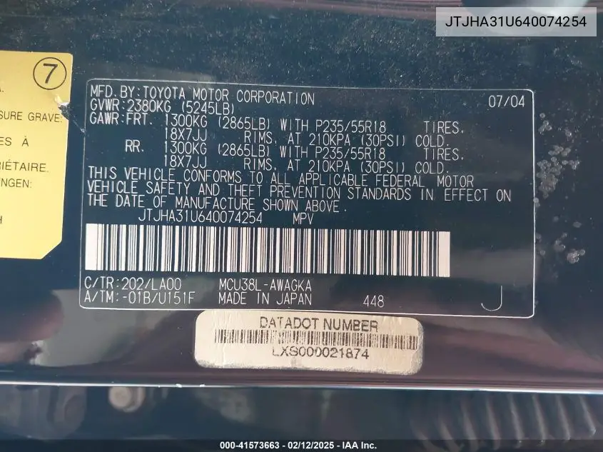 2004 Lexus Rx 330 VIN: JTJHA31U640074254 Lot: 41573663