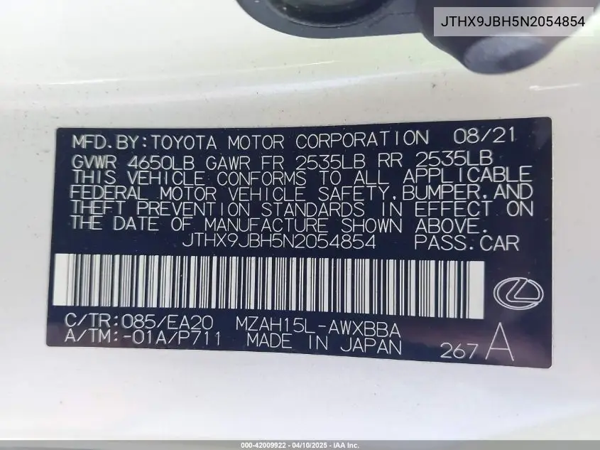 2022 Lexus Ux 250H VIN: JTHX9JBH5N2054854 Lot: 42009922