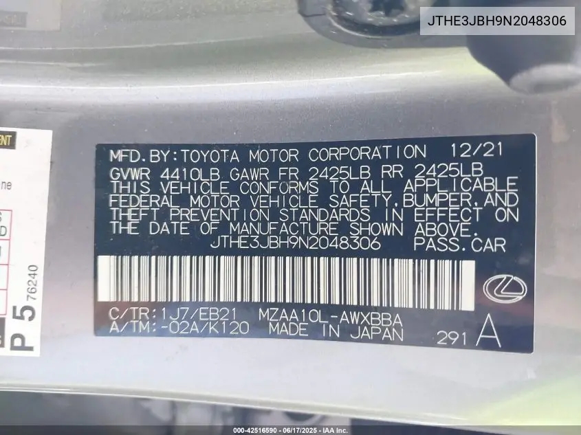 2022 Lexus Ux 200 F Sport VIN: JTHE3JBH9N2048306 Lot: 42516590