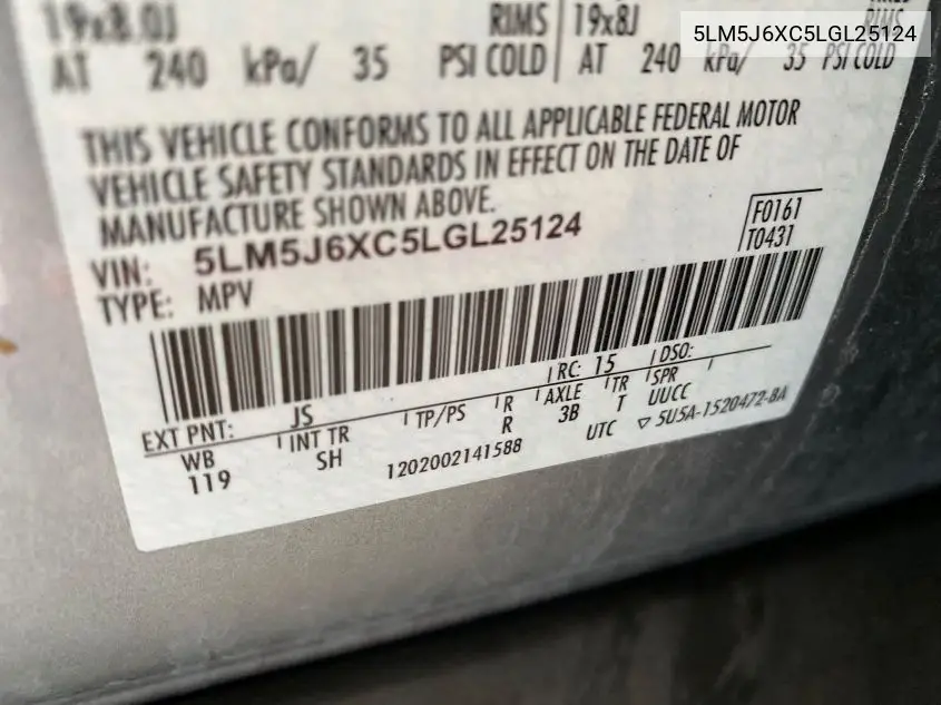 2020 Lincoln Aviator VIN: 5LM5J6XC5LGL25124 Lot: 42725033