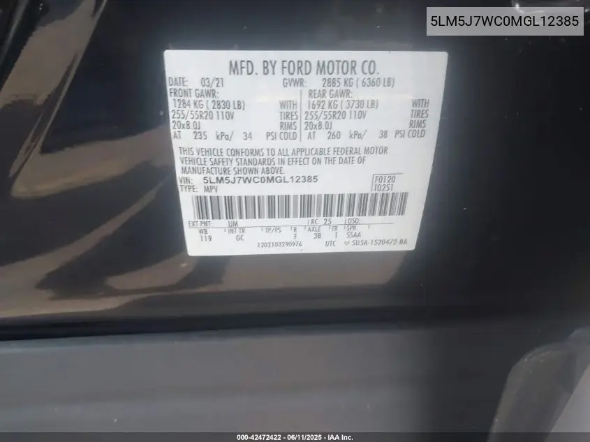 2021 Lincoln Aviator Reserve VIN: 5LM5J7WC0MGL12385 Lot: 42472422