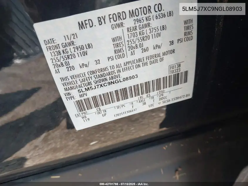 2022 Lincoln Aviator Reserve VIN: 5LM5J7XC9NGL08903 Lot: 42701766
