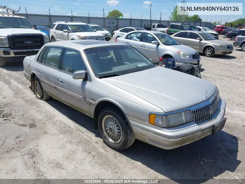 1992 Lincoln Continental Signature VIN: 1LNLM9840NY643126 Lot: 12322400