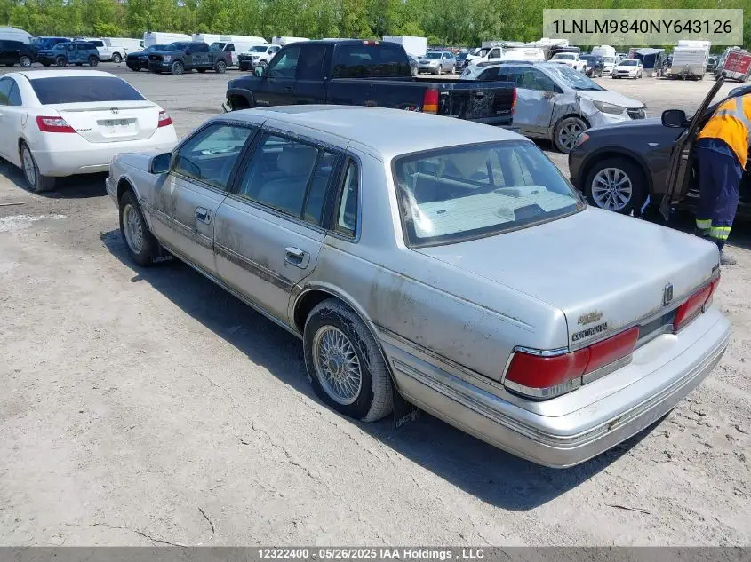 1992 Lincoln Continental Signature VIN: 1LNLM9840NY643126 Lot: 12322400