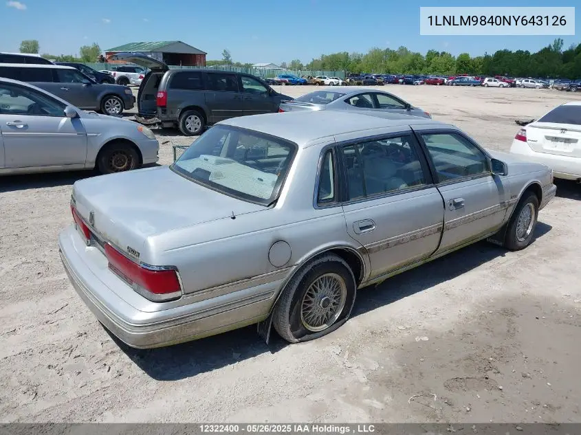 1992 Lincoln Continental Signature VIN: 1LNLM9840NY643126 Lot: 12322400