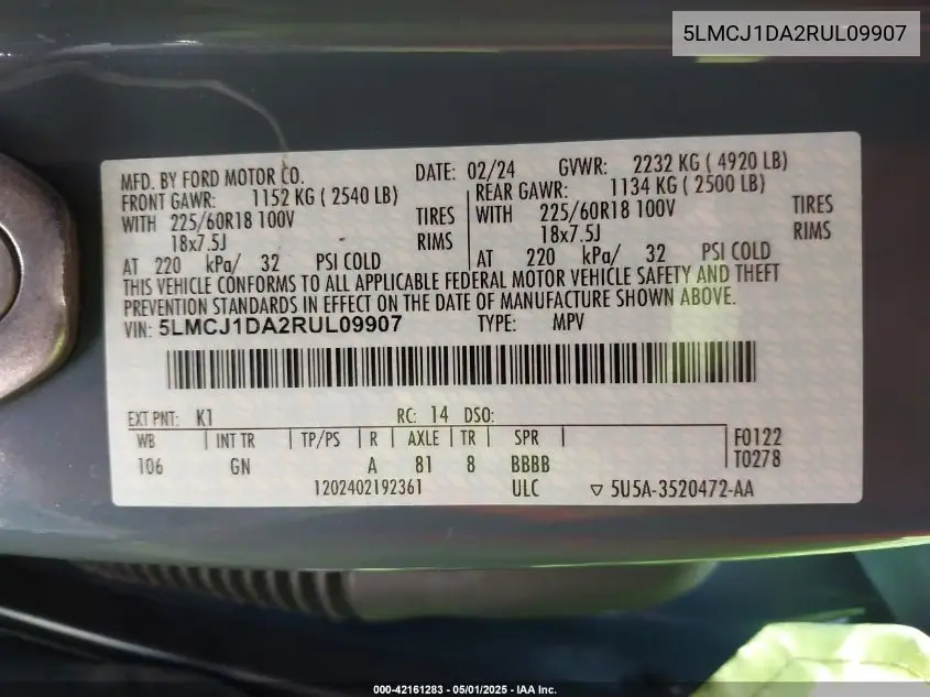 2024 Lincoln Corsair Premiere VIN: 5LMCJ1DA2RUL09907 Lot: 42161283