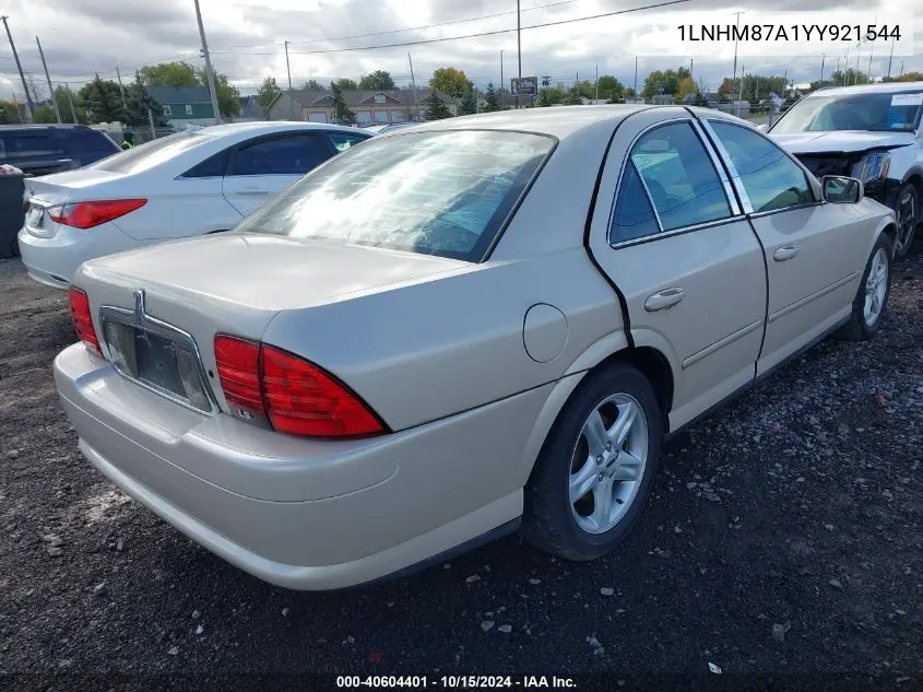 2000 Lincoln Ls V8 Auto VIN: 1LNHM87A1YY921544 Lot: 40604401