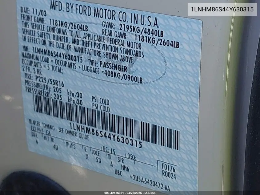 2004 Lincoln Ls V6 VIN: 1LNHM86S44Y630315 Lot: 42136361