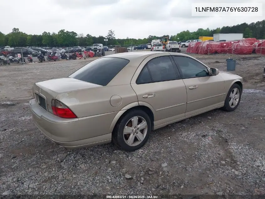 2006 Lincoln Ls V8 VIN: 1LNFM87A76Y630728 Lot: 42083721