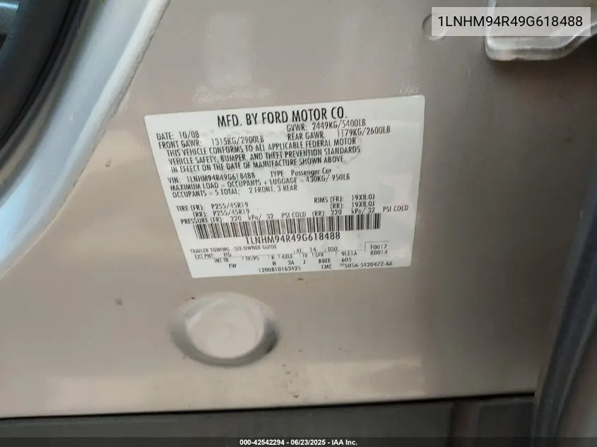 2009 Lincoln Mks VIN: 1LNHM94R49G618488 Lot: 42542294