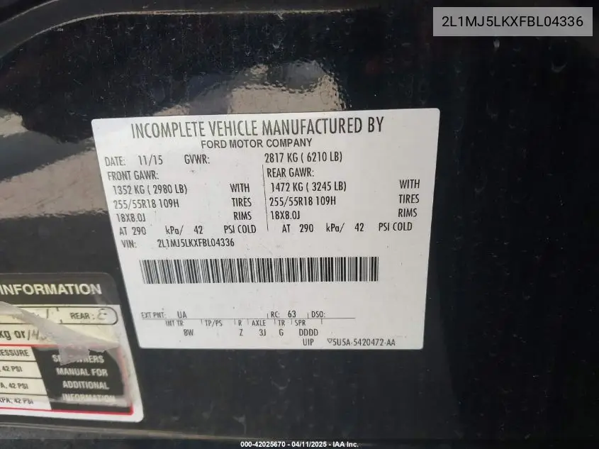 2015 Lincoln Mkt Limo VIN: 2L1MJ5LKXFBL04336 Lot: 42025670