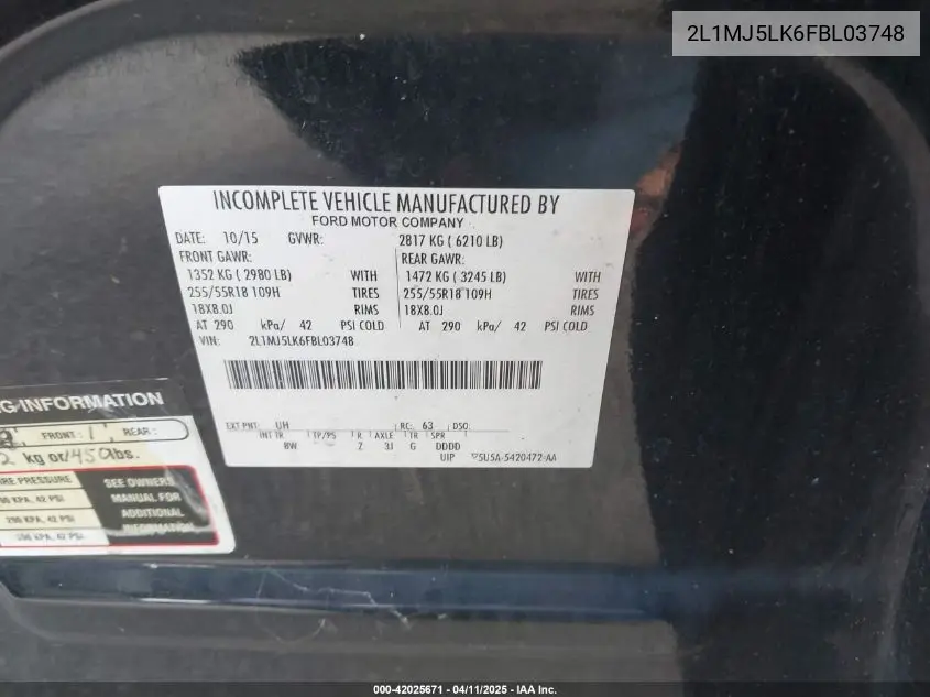 2015 Lincoln Mkt Limo VIN: 2L1MJ5LK6FBL03748 Lot: 42025671