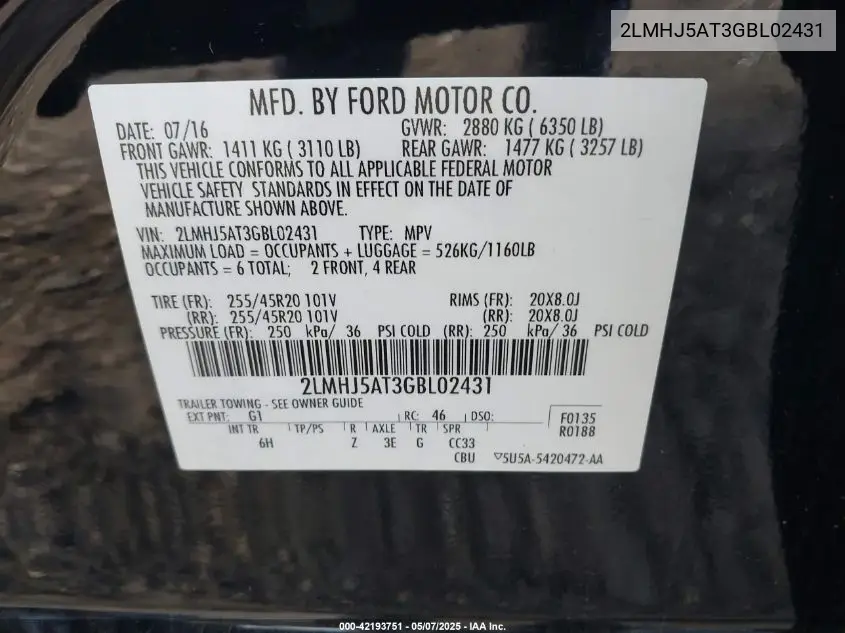 2016 Lincoln Mkt Ecoboost VIN: 2LMHJ5AT3GBL02431 Lot: 42193751