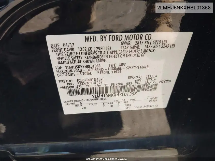 2017 Lincoln Mkt Livery VIN: 2LMHJ5NKXHBL01358 Lot: 42390367