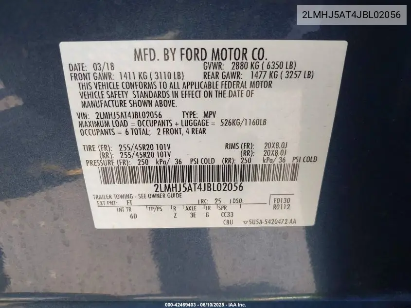 2018 Lincoln Mkt Reserve VIN: 2LMHJ5AT4JBL02056 Lot: 42469403