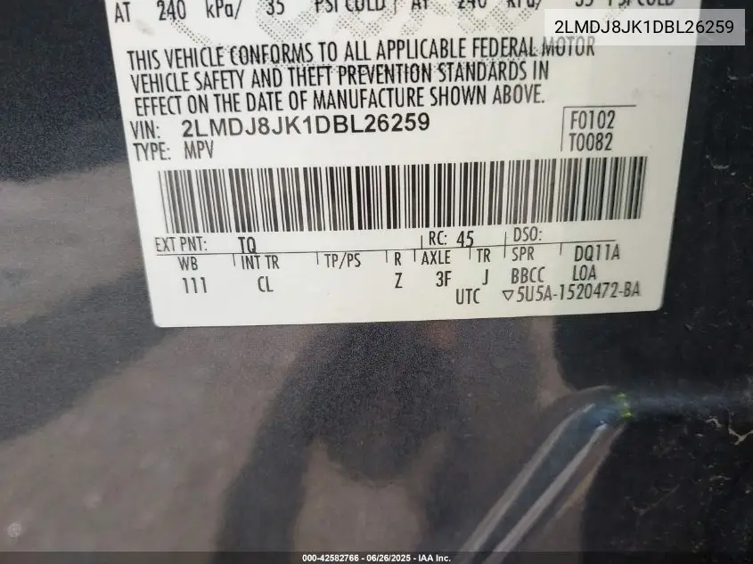 2013 Lincoln Mkx VIN: 2LMDJ8JK1DBL26259 Lot: 42582766