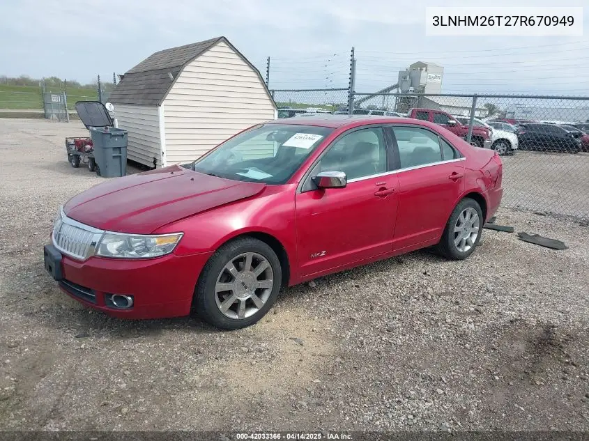 2007 Lincoln Mkz VIN: 3LNHM26T27R670949 Lot: 42033366