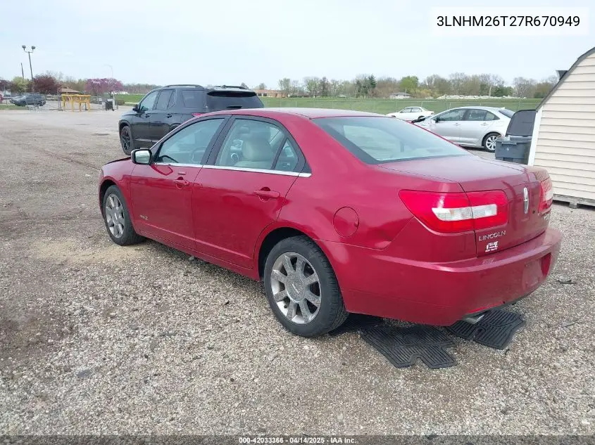 2007 Lincoln Mkz VIN: 3LNHM26T27R670949 Lot: 42033366