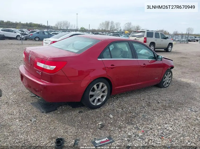 2007 Lincoln Mkz VIN: 3LNHM26T27R670949 Lot: 42033366