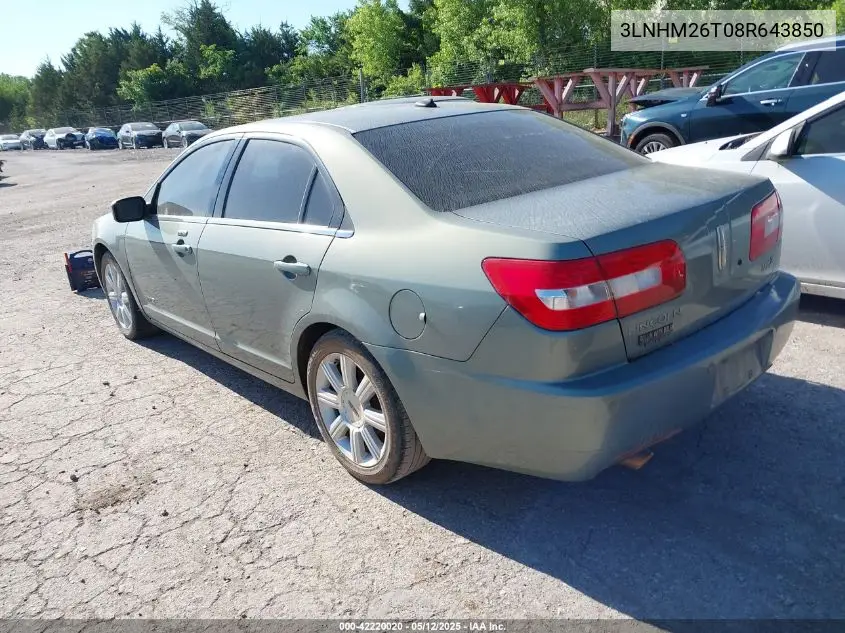 2008 Lincoln Mkz VIN: 3LNHM26T08R643850 Lot: 42220020