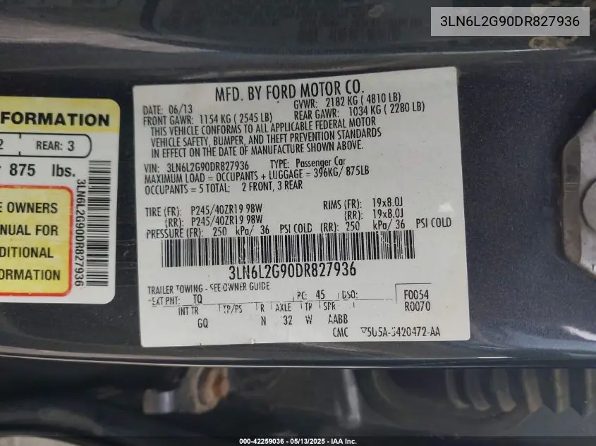 2013 Lincoln Mkz VIN: 3LN6L2G90DR827936 Lot: 42259036
